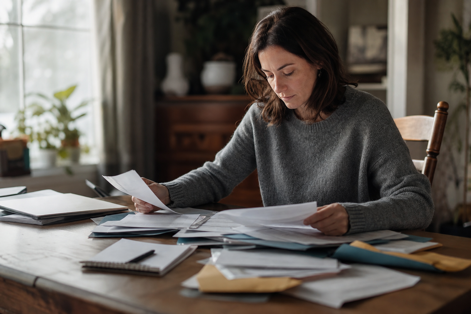A person carefully sorting through stacks of financial documents, folders, and envelopes spread across a large wooden desk, with a notepad and pen nearby, warm natural light from a window, photojournalistic style, mid-action, unposed, quiet and focused atmosphere, no text or words visible anywhere