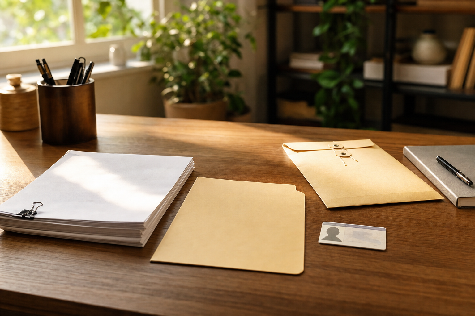 An organized wooden desk with neatly arranged legal documents, a manila folder, a certified envelope, and a government-issued ID card laid out in an orderly fashion, warm natural light from a nearby window, photojournalistic style, no people, no text or labels visible