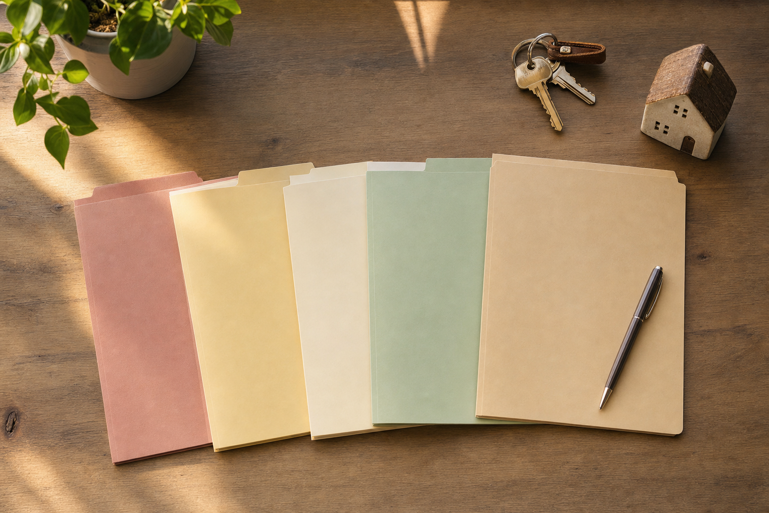 An overhead flat-lay view of a wooden desk with several labeled manila folders arranged neatly in a row, each folder a slightly different color, a pen, a set of keys, and a small house figurine beside them, warm natural light, photojournalistic style, no people, no text or labels visible