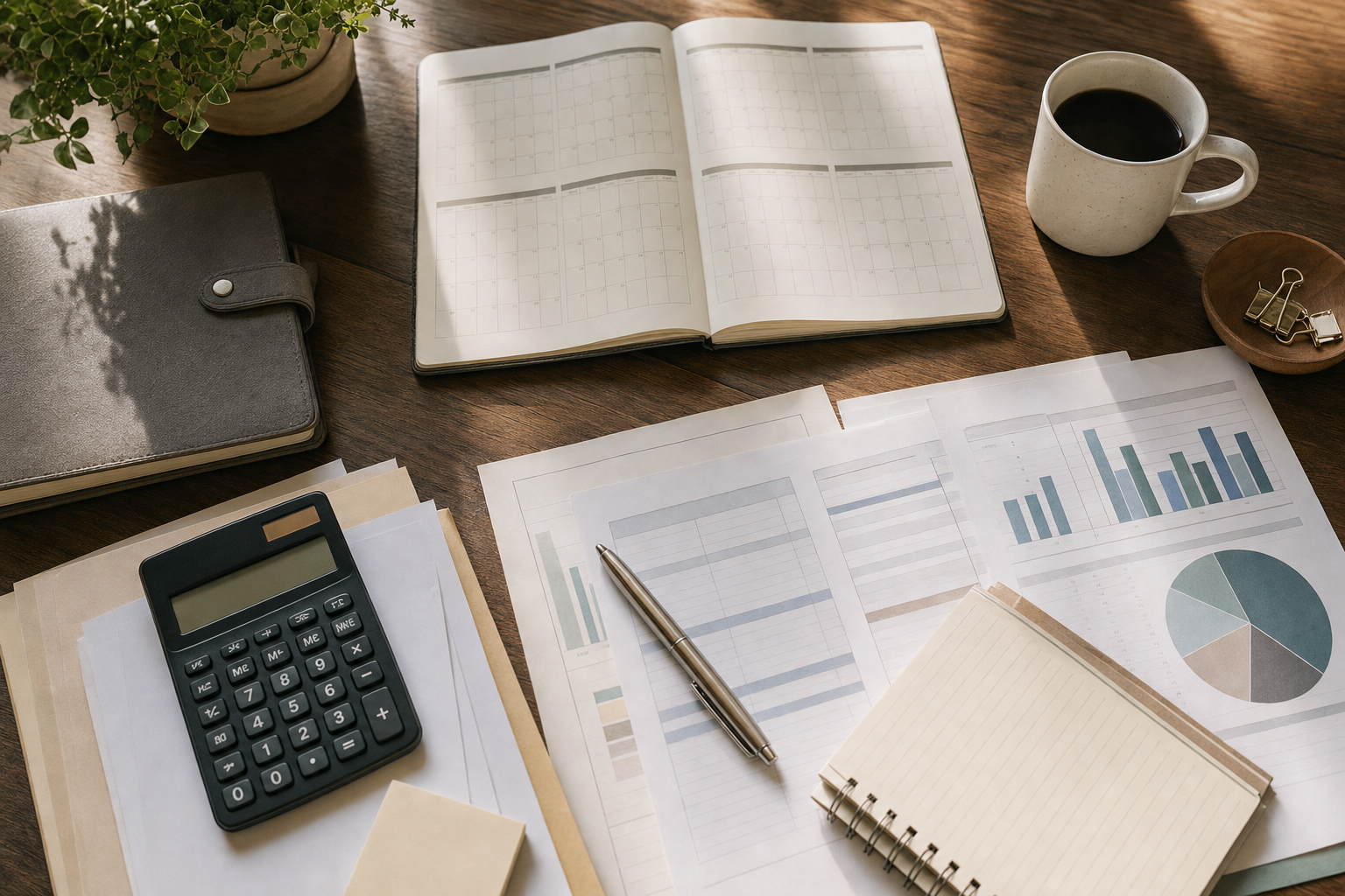 A close-up overhead view of a wooden desk with neatly organized financial documents, a calendar opened to show several months, a pen resting on papers, and a cup of coffee nearby, warm natural light casting soft shadows, photojournalistic style, no people visible, stately and composed atmosphere, no text or writing visible on any items
