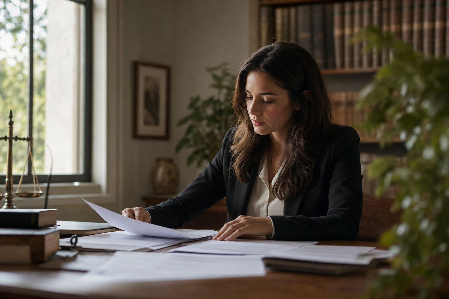 A professional person sitting at a wooden desk reviewing legal documents and financial papers, hands resting on papers, warm natural light coming through a window, thoughtful and focused expression, photojournalistic style, no text or writing visible, stately and composed atmosphere