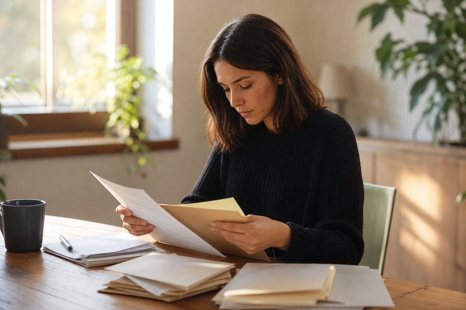 A person seated at a wooden desk carefully sorting through a stack of official envelopes and legal-looking documents, a pen and notepad nearby with handwritten notes, warm natural light coming through a window, photojournalistic style, quiet focused atmosphere, no text or words visible anywhere