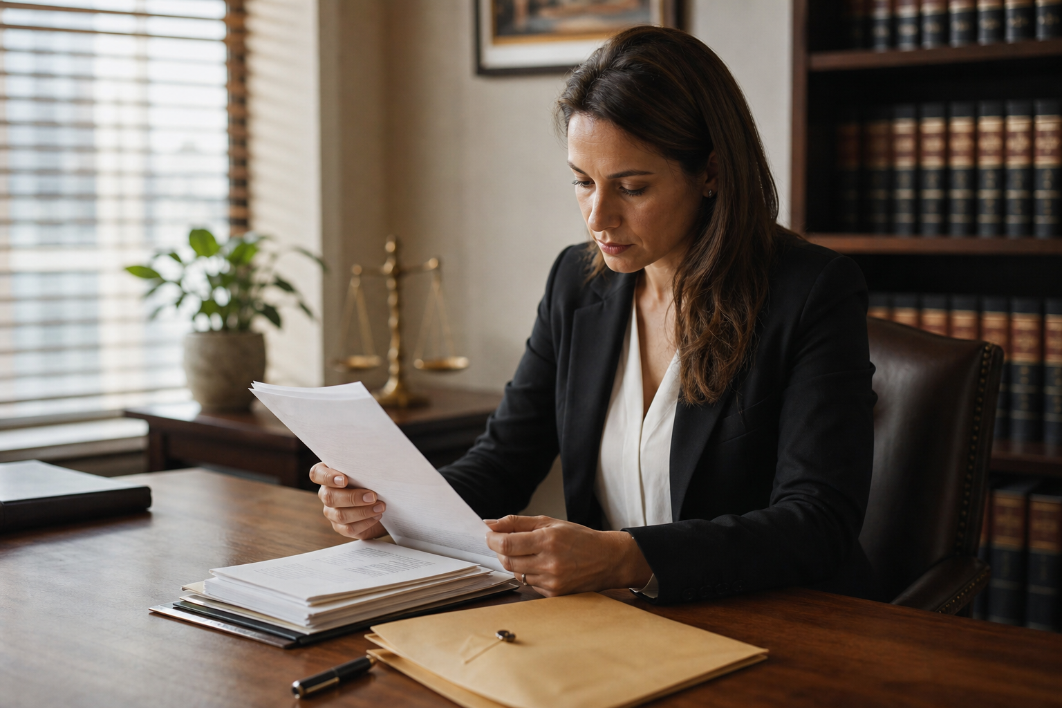 A focused person sitting at a wooden desk in a quiet law office, carefully reviewing a stack of official-looking documents and forms, a certified envelope and a pen nearby, natural window light casting soft shadows, photojournalistic style, warm tones, no text or words visible