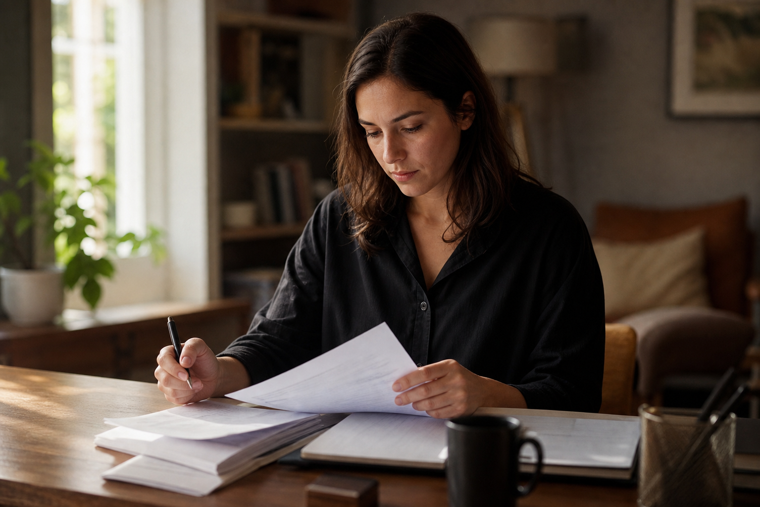 A person sitting at a wooden desk reviewing a stack of official-looking documents and papers, with a pen in hand, soft natural light coming through a nearby window, warm and composed atmosphere, photojournalistic style, mid-action, unposed, no text or writing visible on any papers