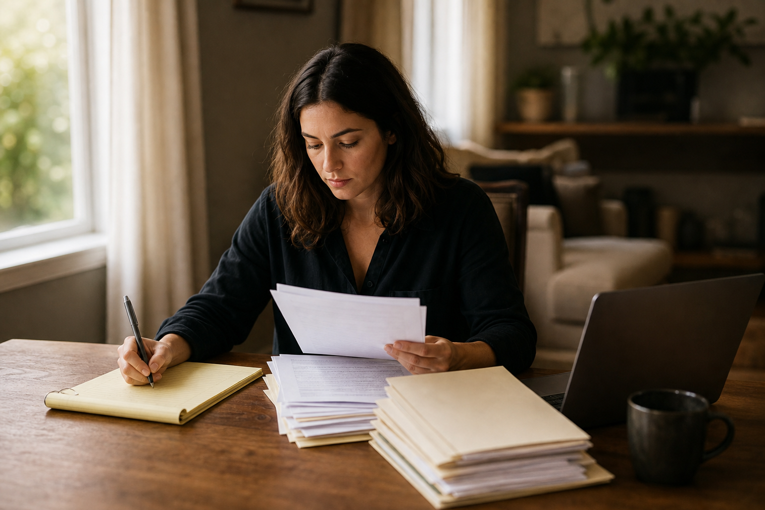 A person seated at a wooden desk carefully reviewing and organizing a stack of official documents and folders, writing notes on a legal pad, with a laptop open nearby, warm natural light from a window, photojournalistic style, mid-action, unposed, neutral expression, no text or writing visible on any papers or screen