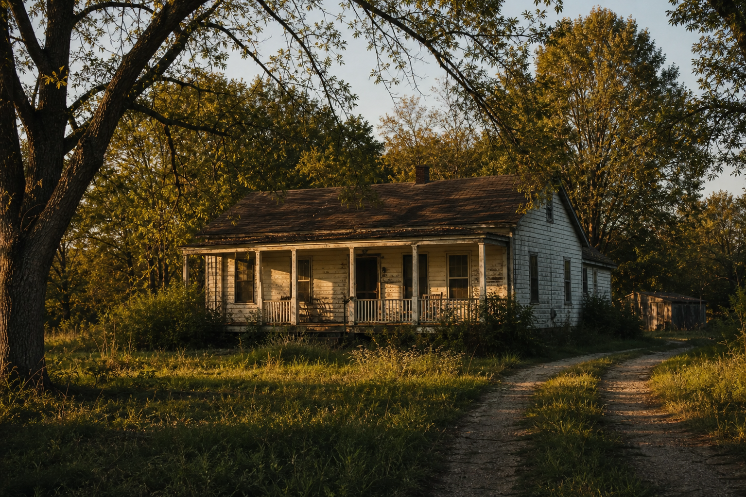 A weathered, older single-story rural house surrounded by mature trees, late afternoon golden light casting long shadows across an overgrown front yard, the home showing signs of deferred maintenance with peeling paint and a sagging porch railing, a dirt driveway leading to the property, no people visible, quiet and still atmosphere conveying a sense of unresolved uncertainty, photojournalistic style, warm but somber tones, wide-angle perspective from the road
