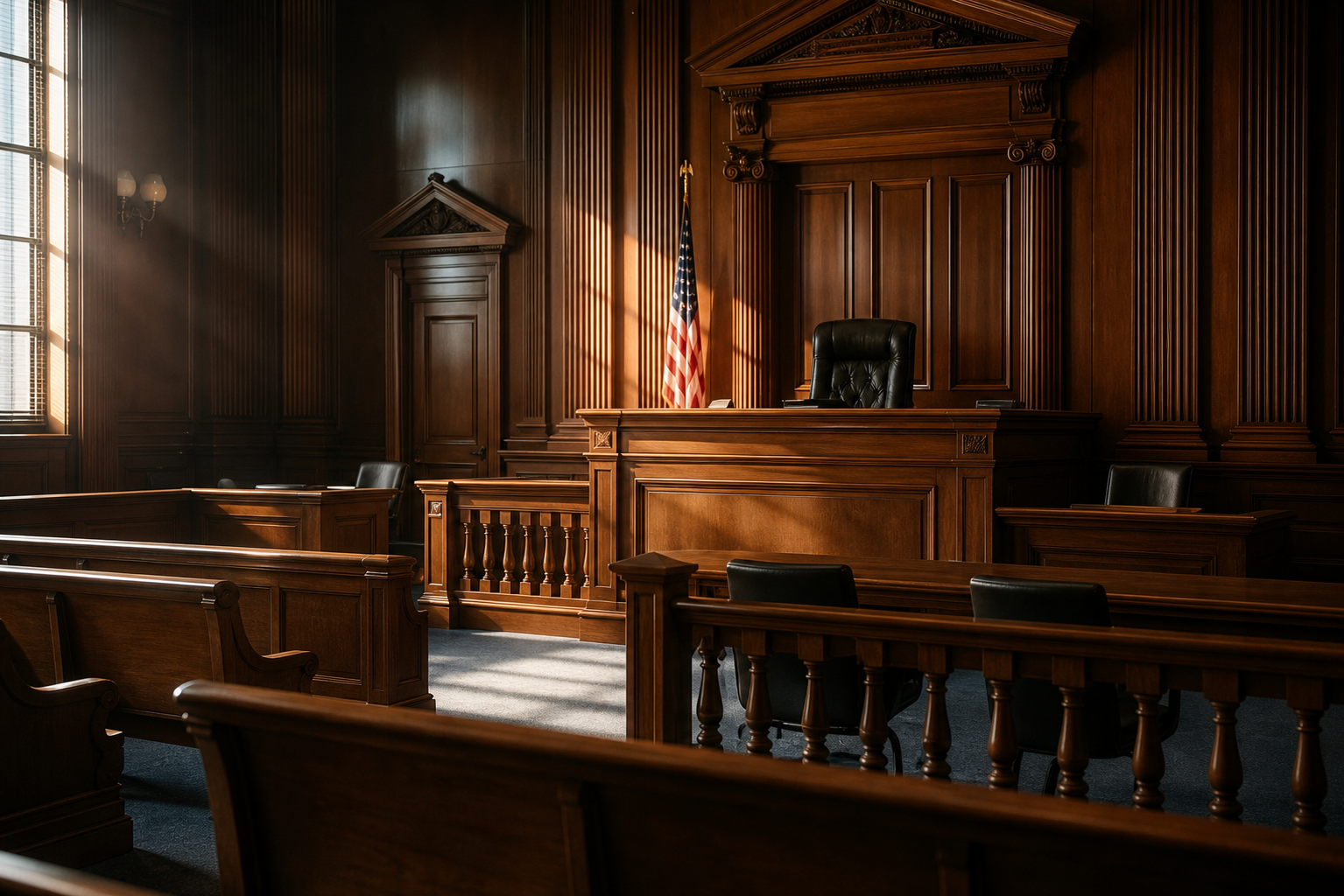 A wide-angle interior view of a traditional American courtroom, warm wooden paneling and bench, afternoon light filtering through tall windows casting soft golden beams across empty gallery benches, judge's bench prominent in the background, no people present, quiet and authoritative atmosphere, photojournalistic style, stately and composed