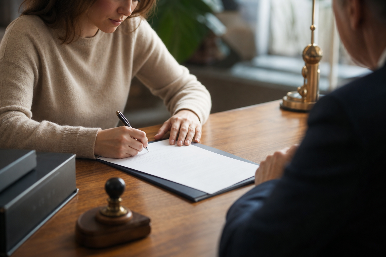 A person signing an official legal document on a wooden desk at a notary's office, close-up of hands holding a pen over formal paperwork, warm natural lighting, photojournalistic style, no text or words visible
