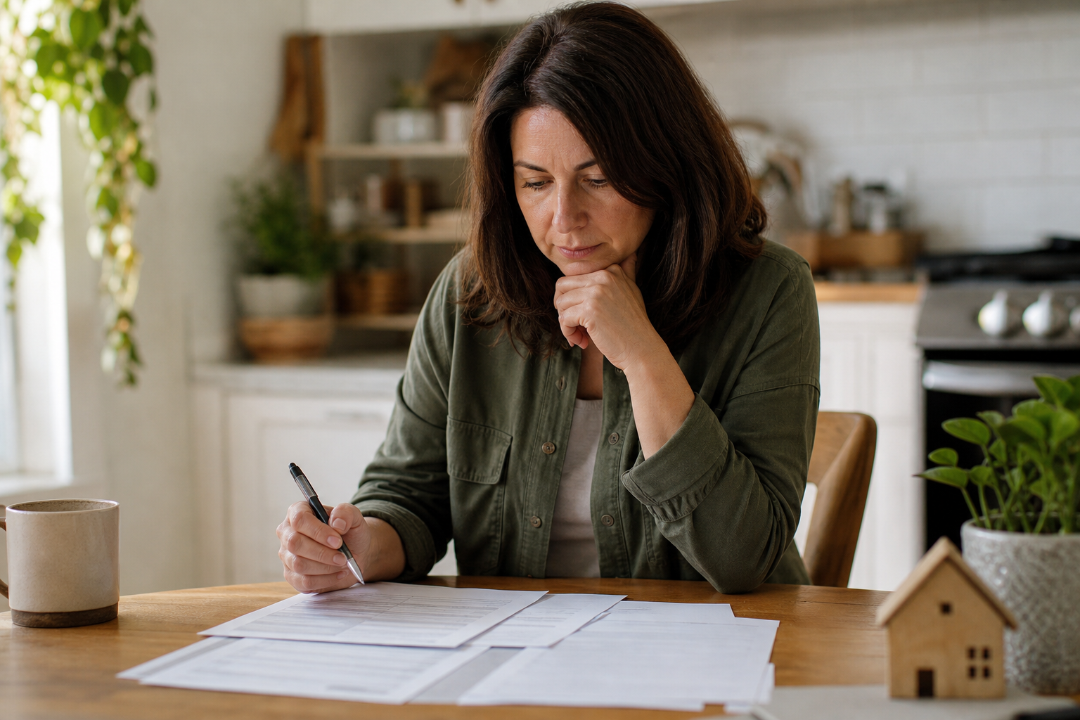 A middle-aged adult reviewing financial documents at a kitchen table, papers spread out showing property records and tax forms, warm natural light from a nearby window, photojournalistic style, hands visible holding a pen over paperwork, thoughtful expression, no text or words visible