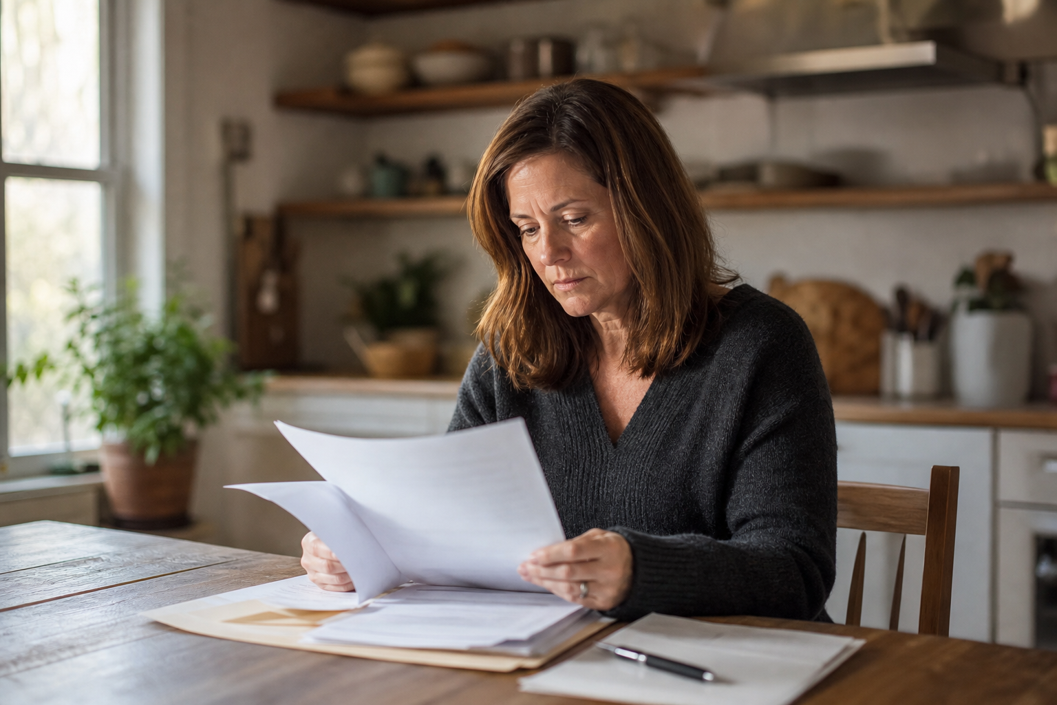 A middle-aged adult sitting at a kitchen table, reviewing a stack of legal and financial documents, with an open folder and a pen nearby, warm natural light coming through a window, photojournalistic style, thoughtful expression, no text or words visible anywhere