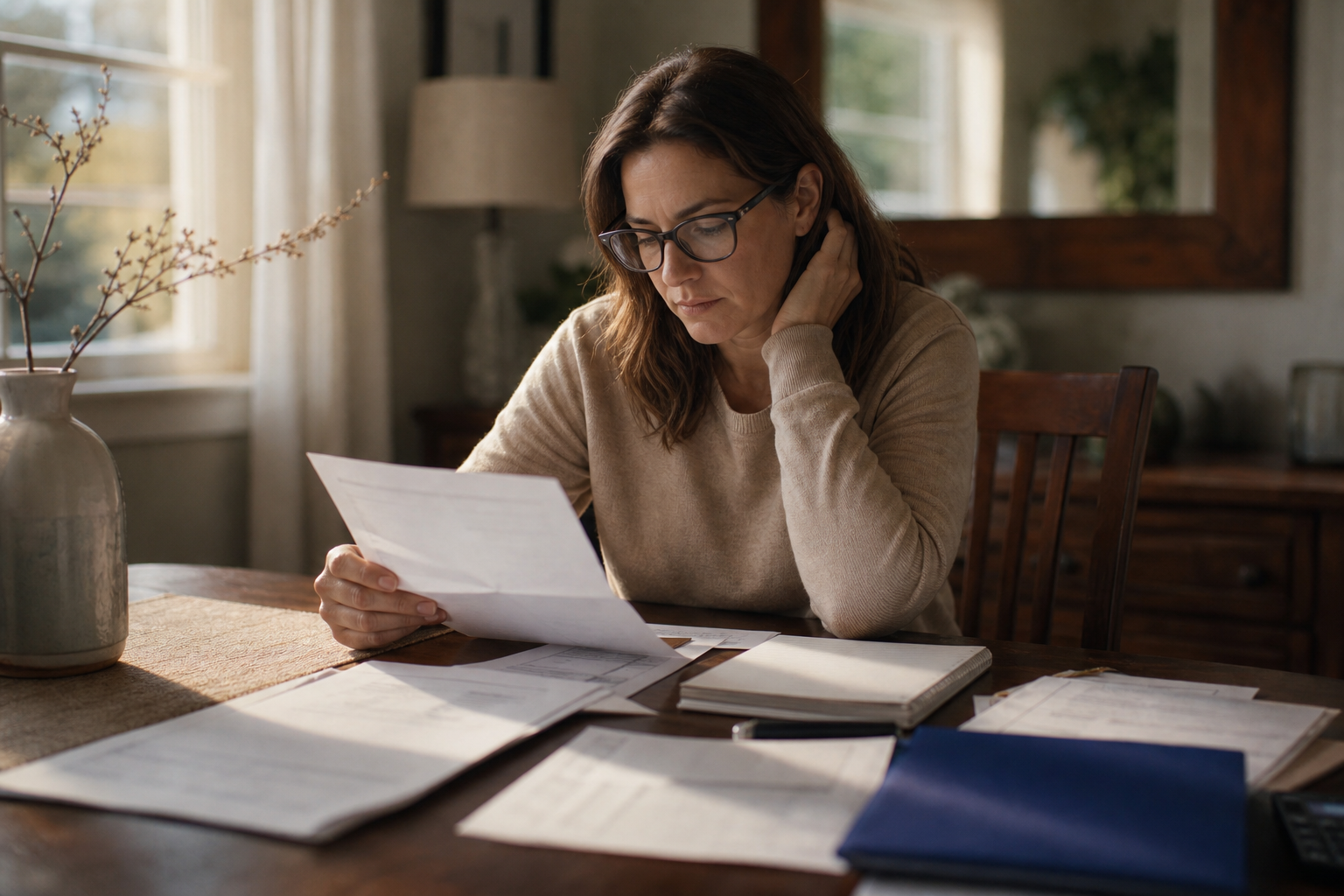 A person sitting at a dining room table covered with financial documents, folders, and a notepad with handwritten notes, studying papers carefully with reading glasses on, warm afternoon light coming through a nearby window, photojournalistic style, neutral thoughtful expression, no text or words visible anywhere in the image
