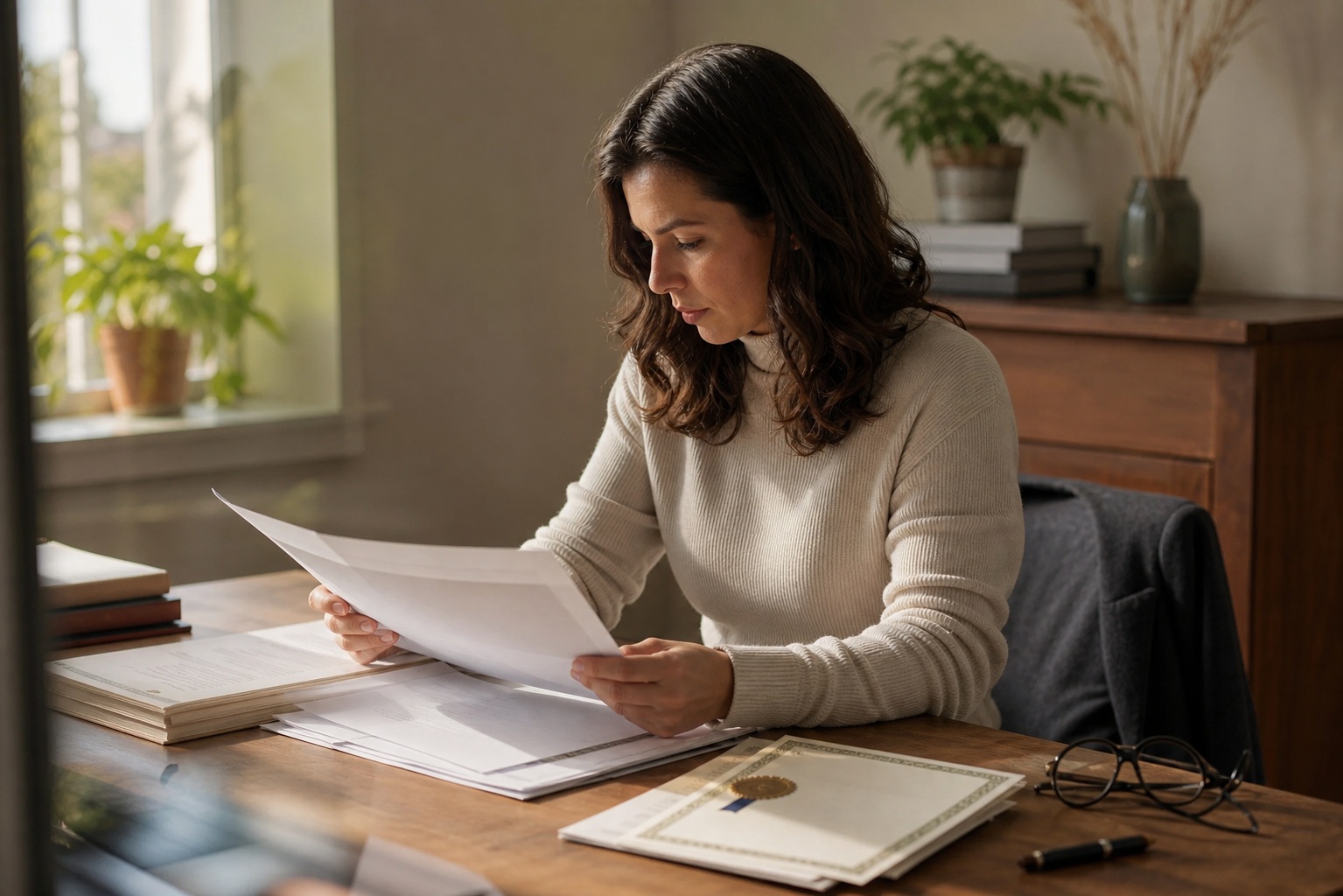 A person sitting at a wooden desk reviewing official legal documents, a certified copy of a document visible on the desk alongside a pen and reading glasses, warm natural light from a window, photojournalistic style, neutral expression, mid-action, no text or words visible anywhere in the image