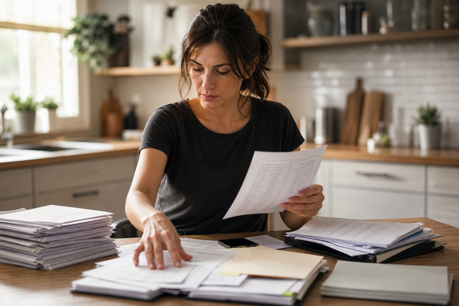 A person sitting at a kitchen table surrounded by organized stacks of financial documents, folders, and papers, reviewing what appears to be a cost breakdown or financial summary, warm natural light from a nearby window, photojournalistic style, neutral focused expression, mid-action reaching for a document, no text or words visible anywhere in the image