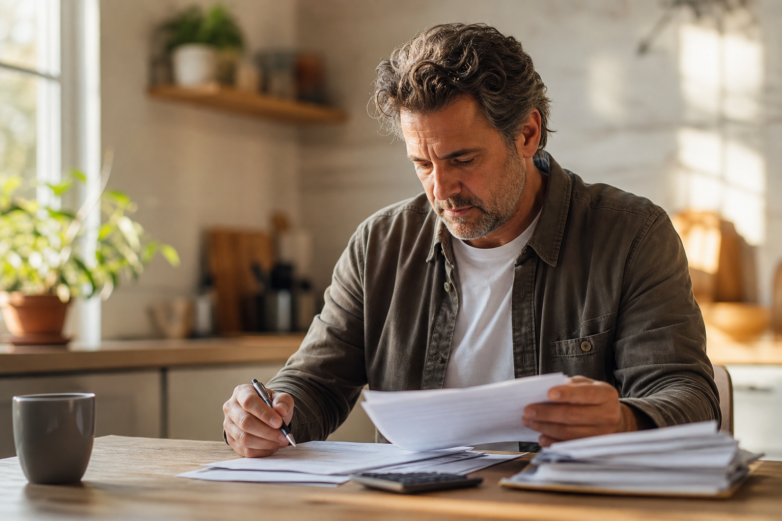 A middle-aged adult sitting at a kitchen table, reviewing a stack of official-looking papers and documents, a pen in hand, warm natural light coming through a window nearby, thoughtful and focused expression, photojournalistic style, no text or words visible anywhere
