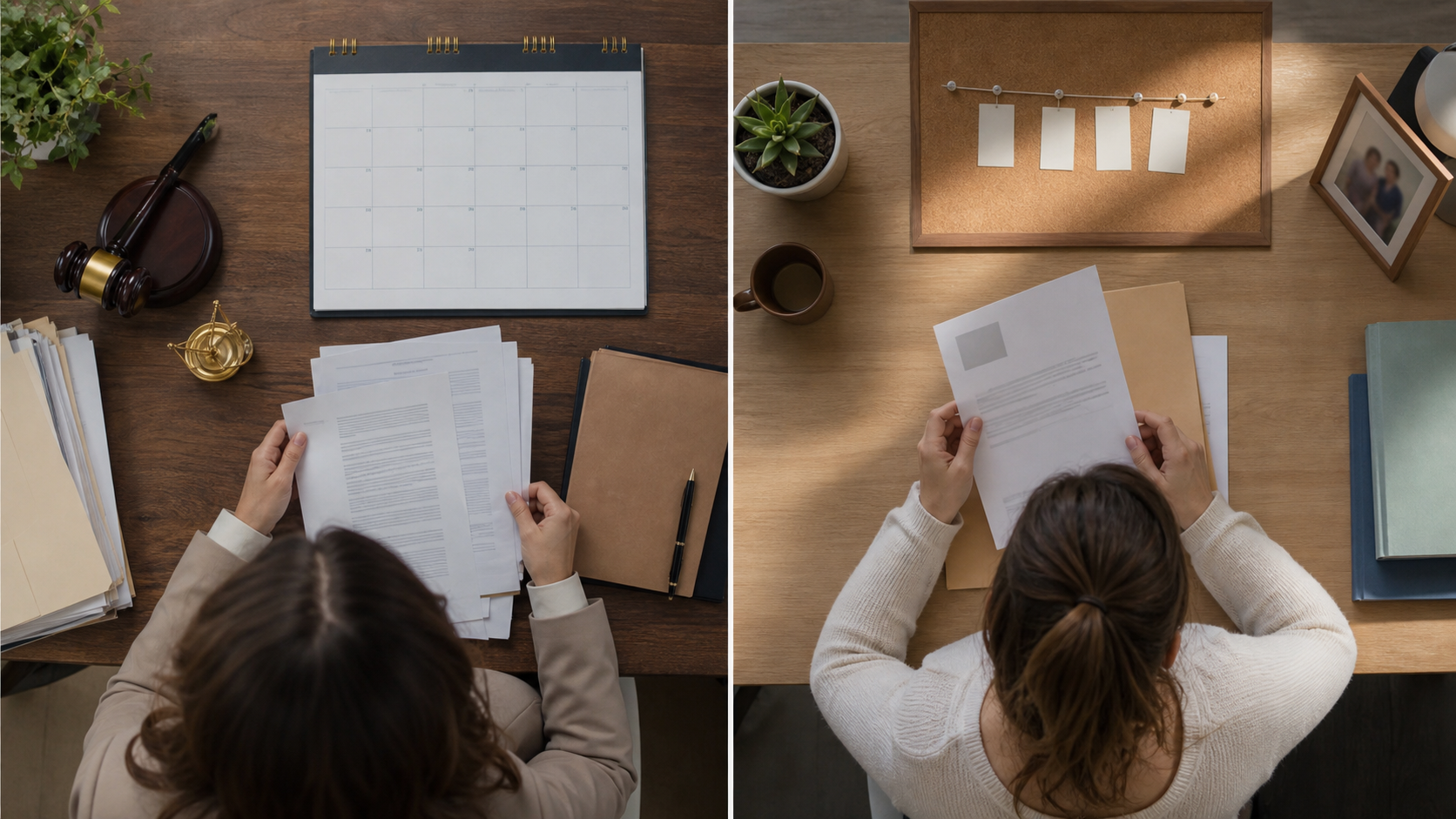 A split-screen overhead view of two desks side by side — one with legal court documents, a gavel, and a calendar showing long months ahead, the other with a mortgage servicer letter and a shorter countdown timeline pinned to a corkboard — warm natural office lighting, photojournalistic style, no text or words visible anywhere