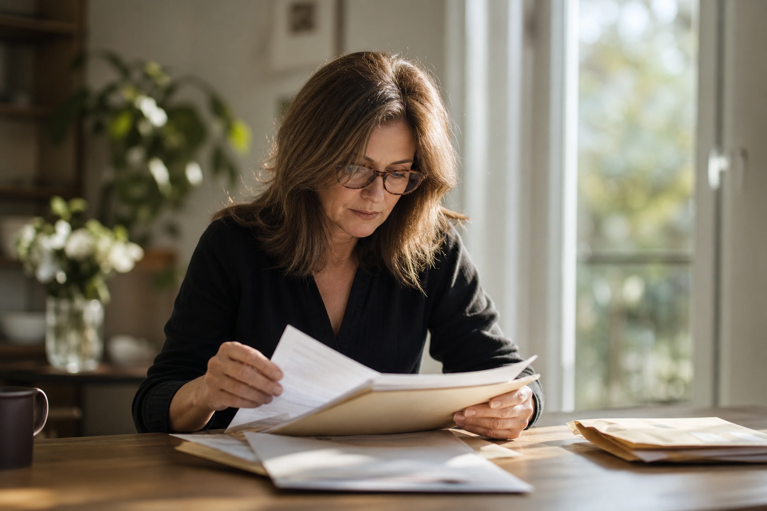 A middle-aged adult at a home desk reviewing a folder of official documents, including envelopes and formal papers, warm natural light from a nearby window, photojournalistic style, no text or signage visible, person focused and mid-task, quietly composed atmosphere, shot from a natural observer angle, unposed and mid-action