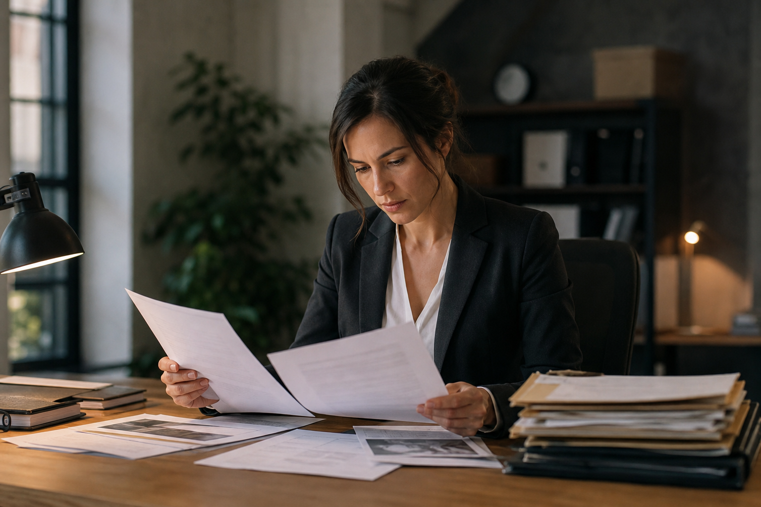 A professional investigator or analyst sitting at a clean desk reviewing printed documents and reports, focused expression, natural office lighting, organized folders and papers visible, photojournalistic style, warm indoor light, mid-action working pose, no text or words visible anywhere
