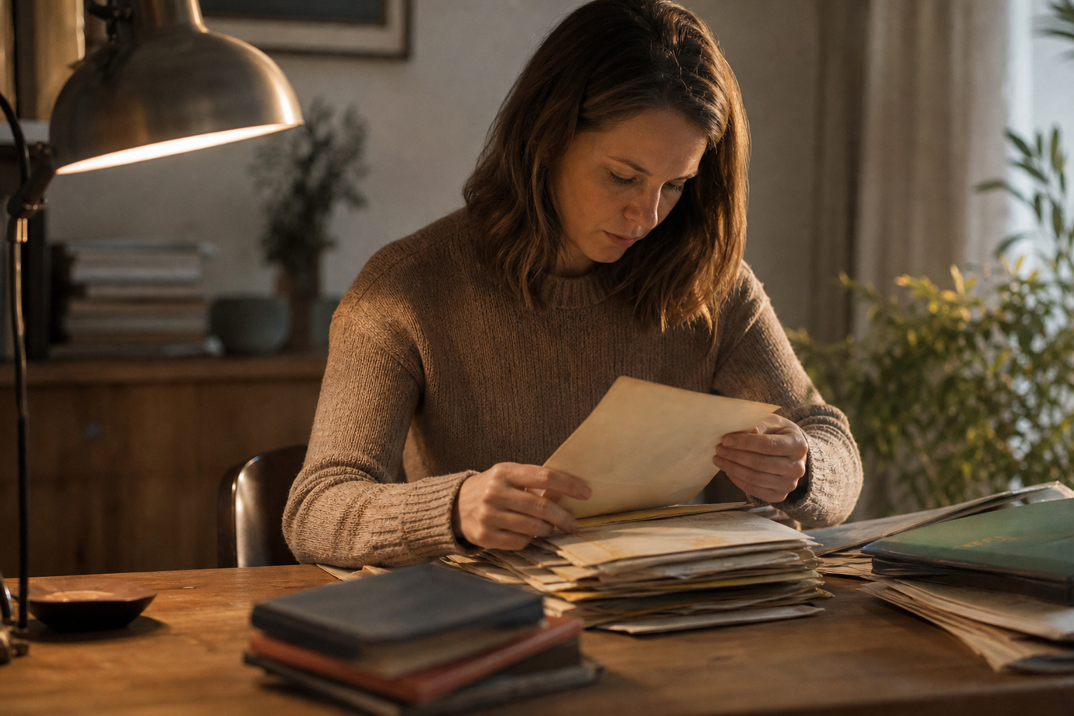 A person sitting at a wooden desk looking through stacked paper documents and folders, with a warm lamp casting soft light, hands carefully sorting through aged envelopes and financial papers, photojournalistic style, natural indoor light, no text or words visible anywhere