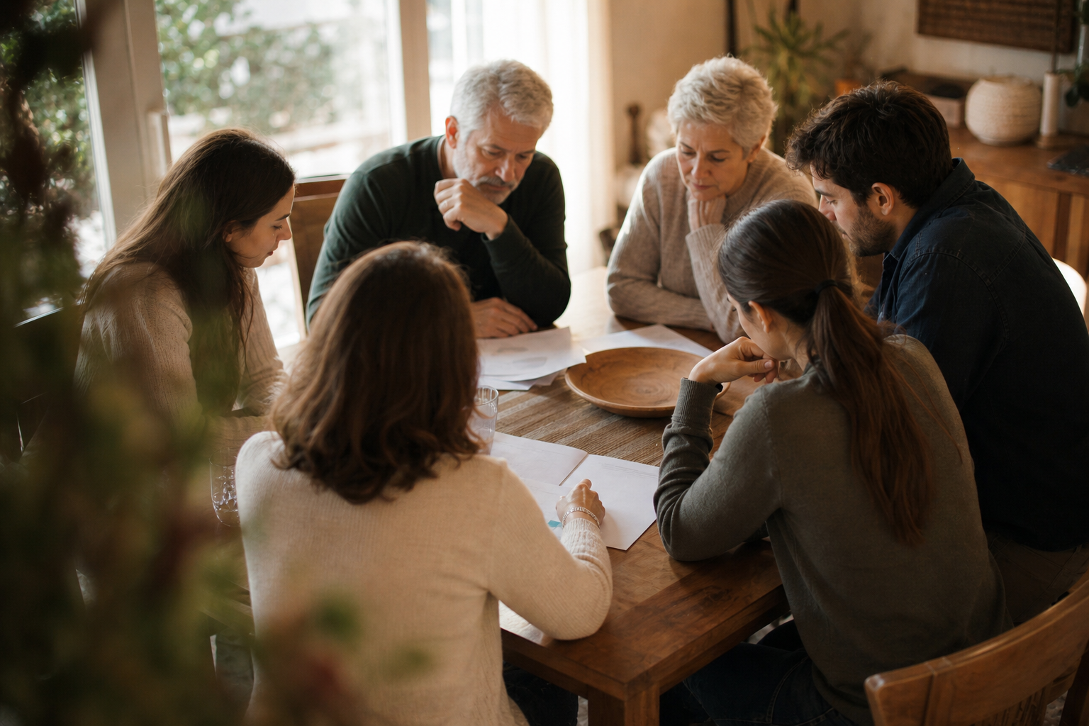 A warm, photojournalistic illustration of a multigenerational family gathered around a wooden dining table in a home setting, viewed from a slightly elevated angle. Several adults of different ages — an older couple, middle-aged adults, and younger adults — are seated together reviewing papers and documents. The mood is calm and serious, with natural window light. No text, no words, no letters anywhere in the image.