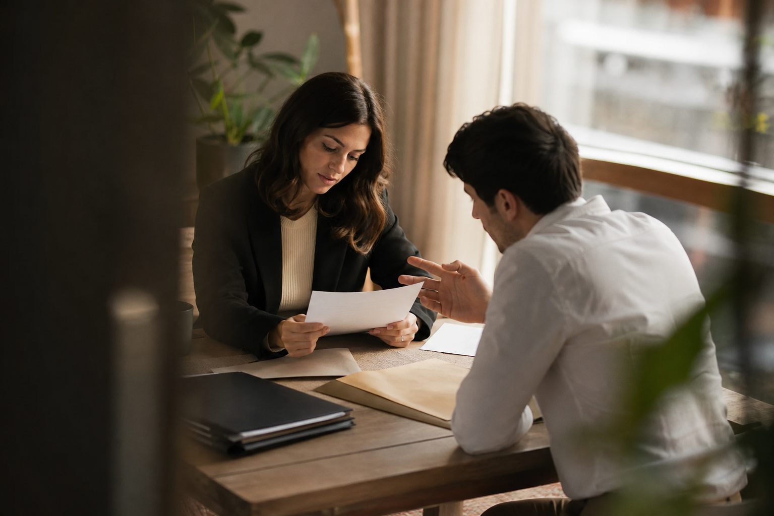 A photojournalistic, warm illustration of two adults sitting across from each other at a table covered with legal documents and folders, viewed from a slightly elevated angle. One person holds papers while the other gestures toward them in a calm but serious discussion. Natural window light filters in from the side. The mood is composed and professional, with neutral expressions. No text, no words, no letters, no signs anywhere in the image.