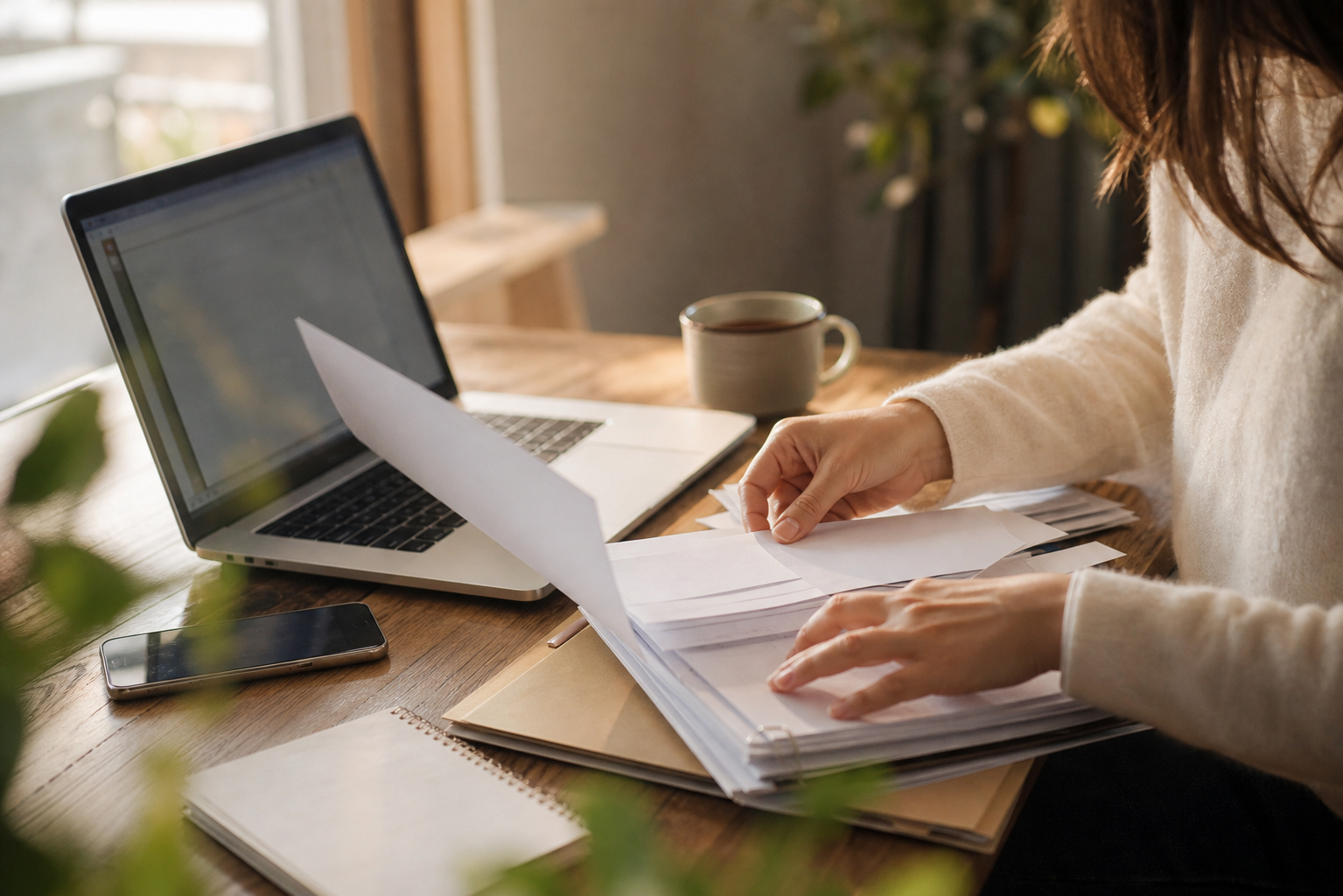 A photojournalistic scene of a person's hands carefully sorting through paper documents and folders on a wooden desk, with an open laptop nearby showing a browser window, a smartphone face-up beside it, and a cup of coffee in the background. Warm natural window light falls across the workspace. The atmosphere is quiet, focused, and methodical — organized stacks of papers, a notepad with handwritten notes. No text, words, or letters visible anywhere in the image.