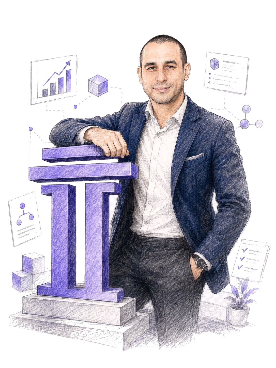 Pillaro pomáhá firmám a Microsoft partnerům zavádět stabilní delivery framework, lepší procesy a udržitelnou architekturu pro Power Platform a Dynamics 365. Ilustrace zakladatele s pilířem symbolizuje pevné základy, strukturu a praktickou expertízu potřebnou pro úspěšné digitální projekty.