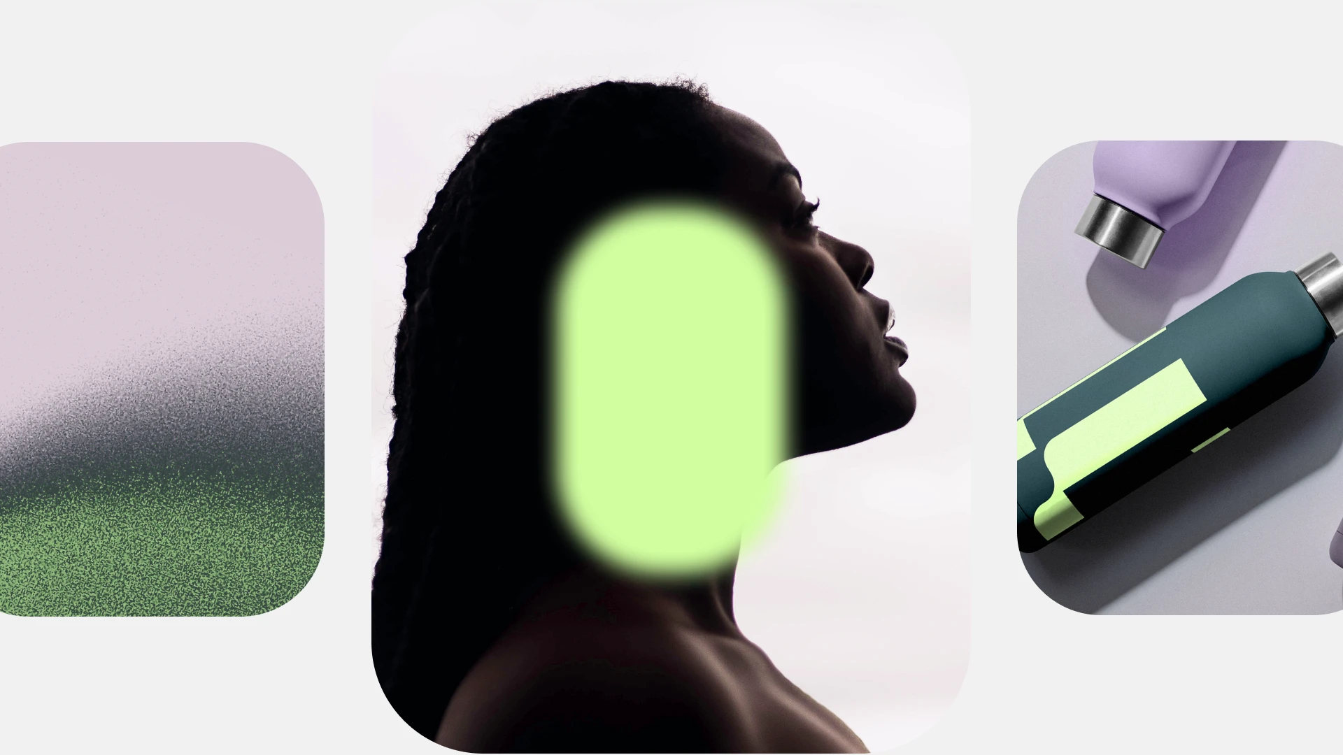 three panels showcasing a texture, a profile silhouette and water bottles