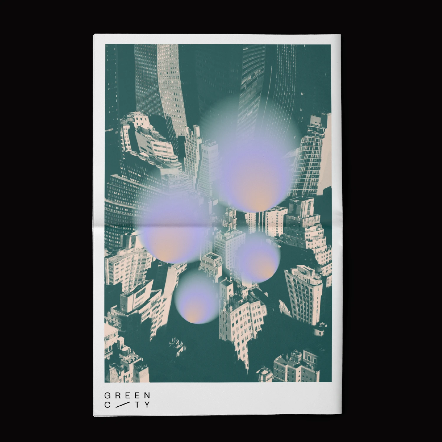 Gradient spots superimposed over a distorted, grayscale aerial view of a city