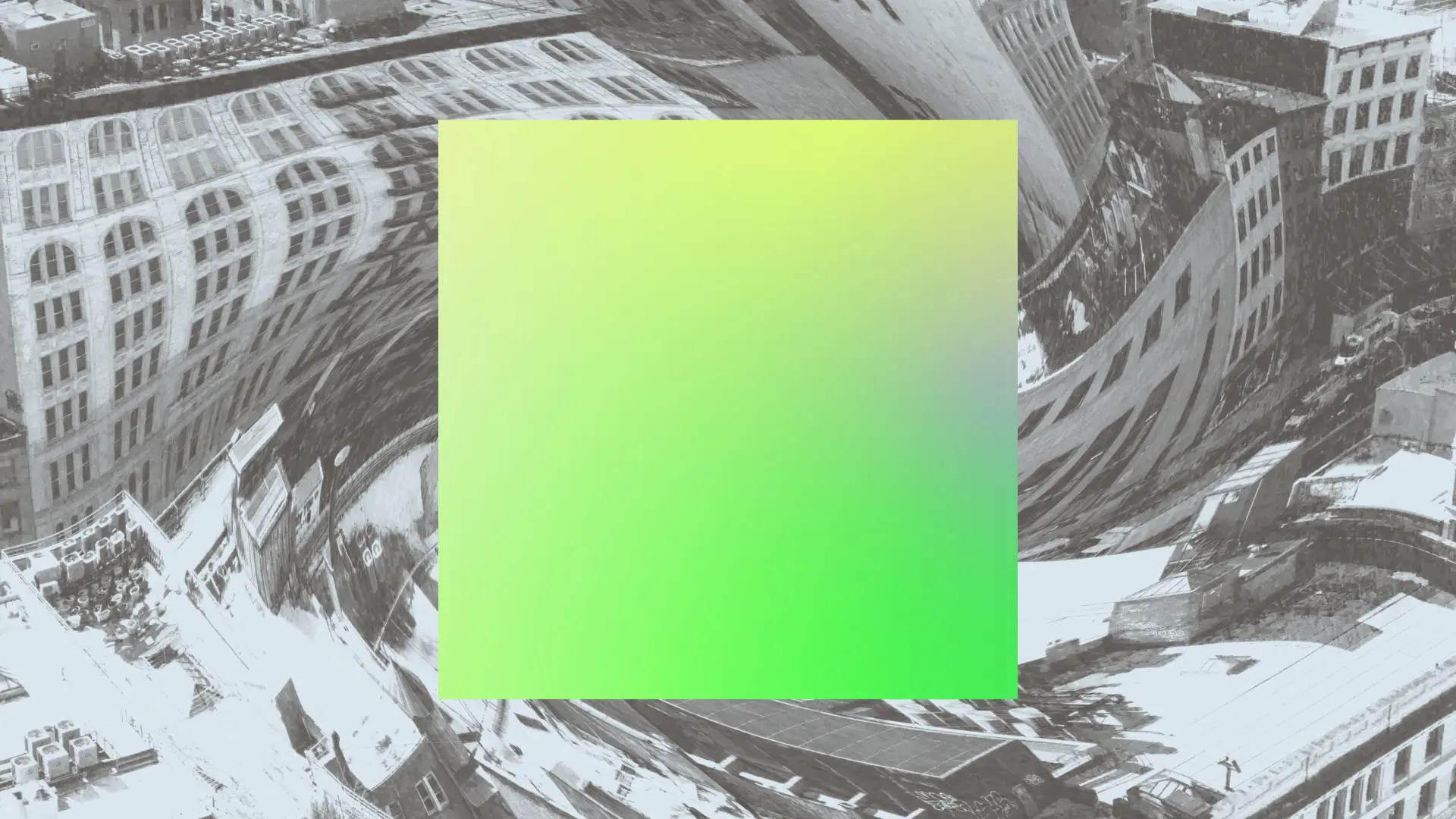A gradient square superimposed over a distorted, grayscale aerial view of a city