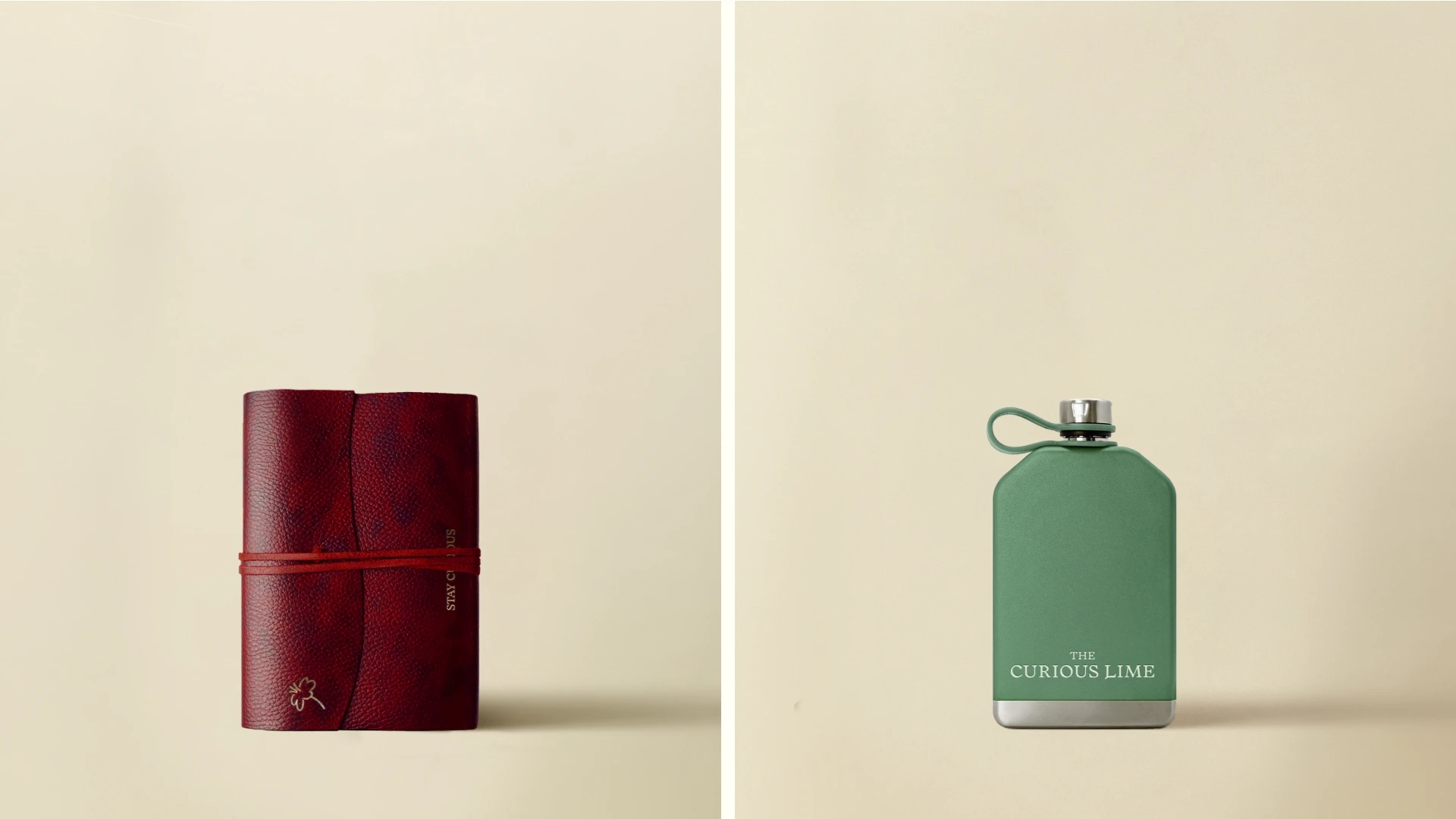 a leather diary with a flower illustration and the phrase stay curious next to another image of a flask with the curios lime logo