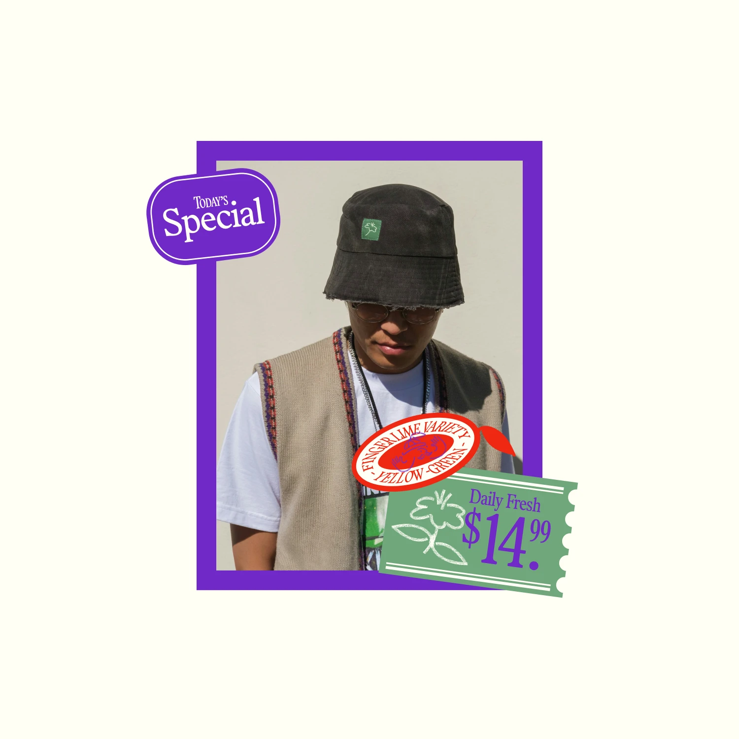 Person wearing clothing and accessories like sun hat with The Curious lime graphics