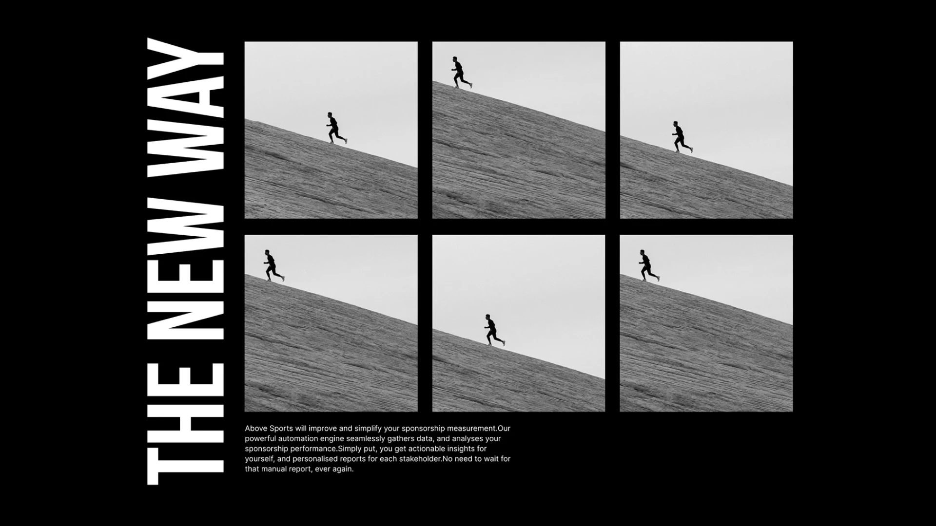 A black-and-white graphic titled The New Way featuring a grid of six photos of a person running up a hill