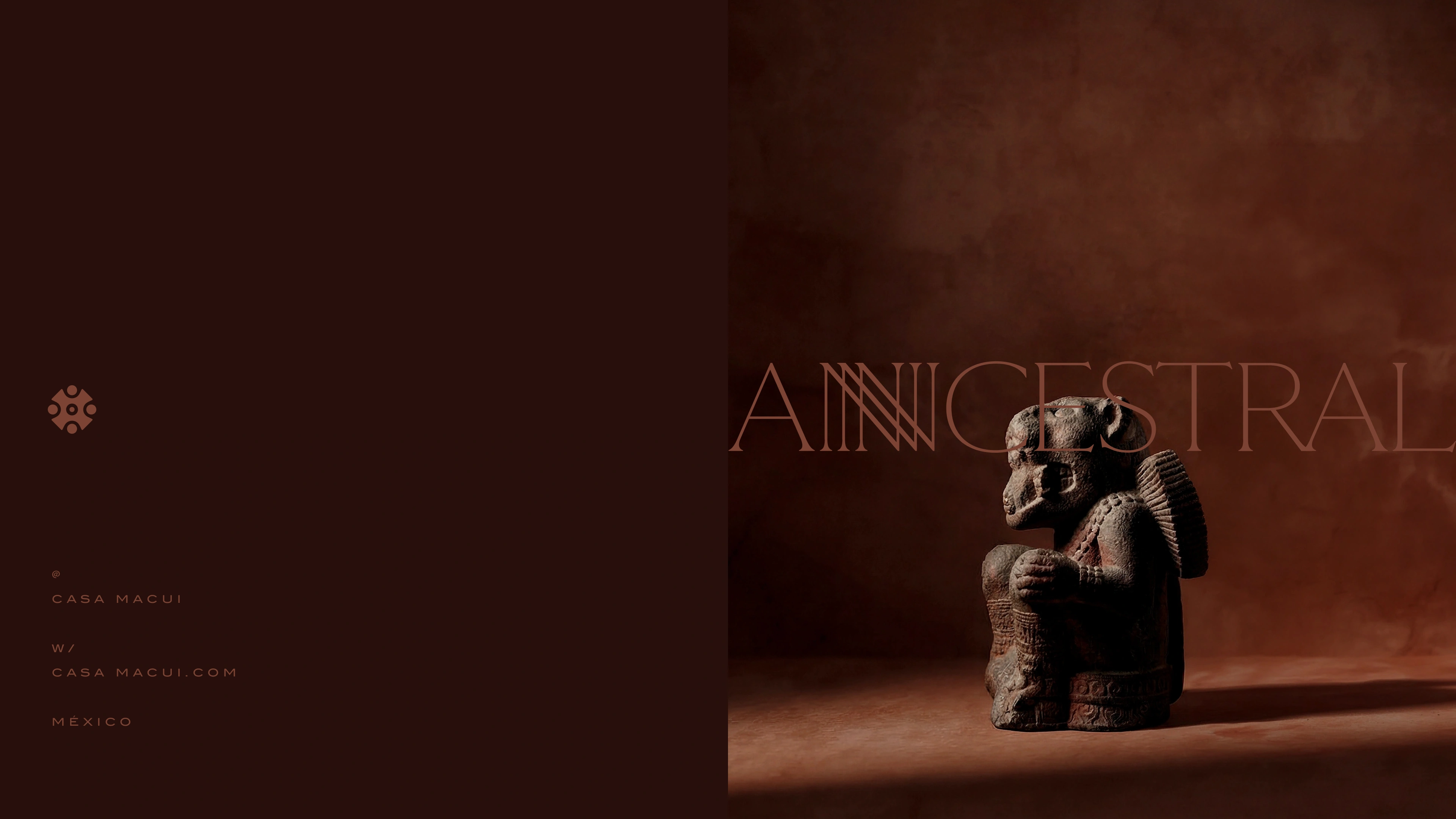 Split-screen showing brand info on dark brown and a statue with "ANCESTRAL" text on terracotta.