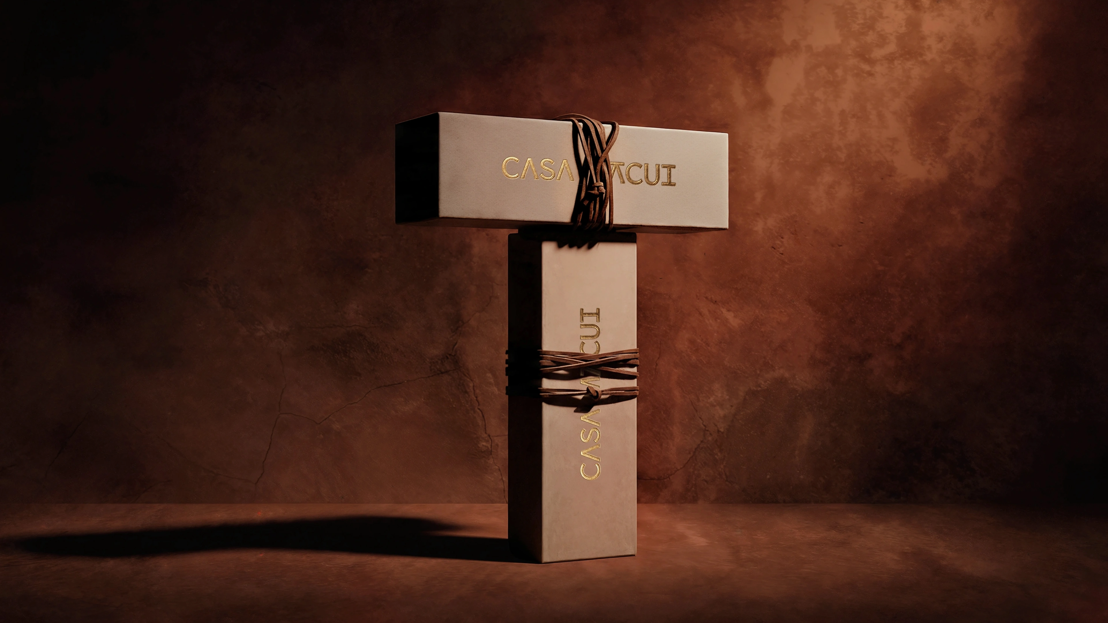 Two cream branded gift boxes stacked in a T-shape, wrapped in leather cord against terracotta.