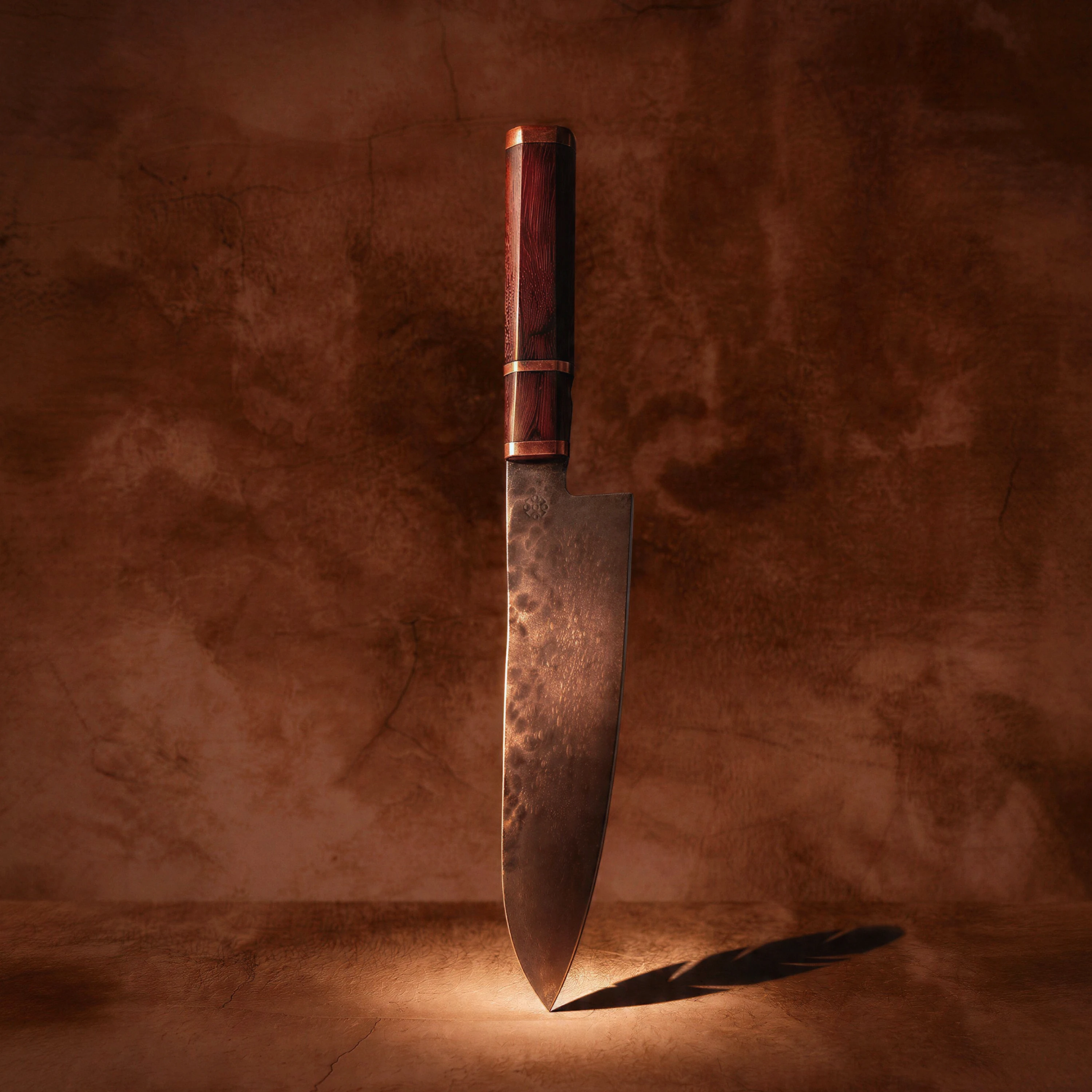 A handcrafted chef's knife standing vertically on its tip against a textured, earthy background.