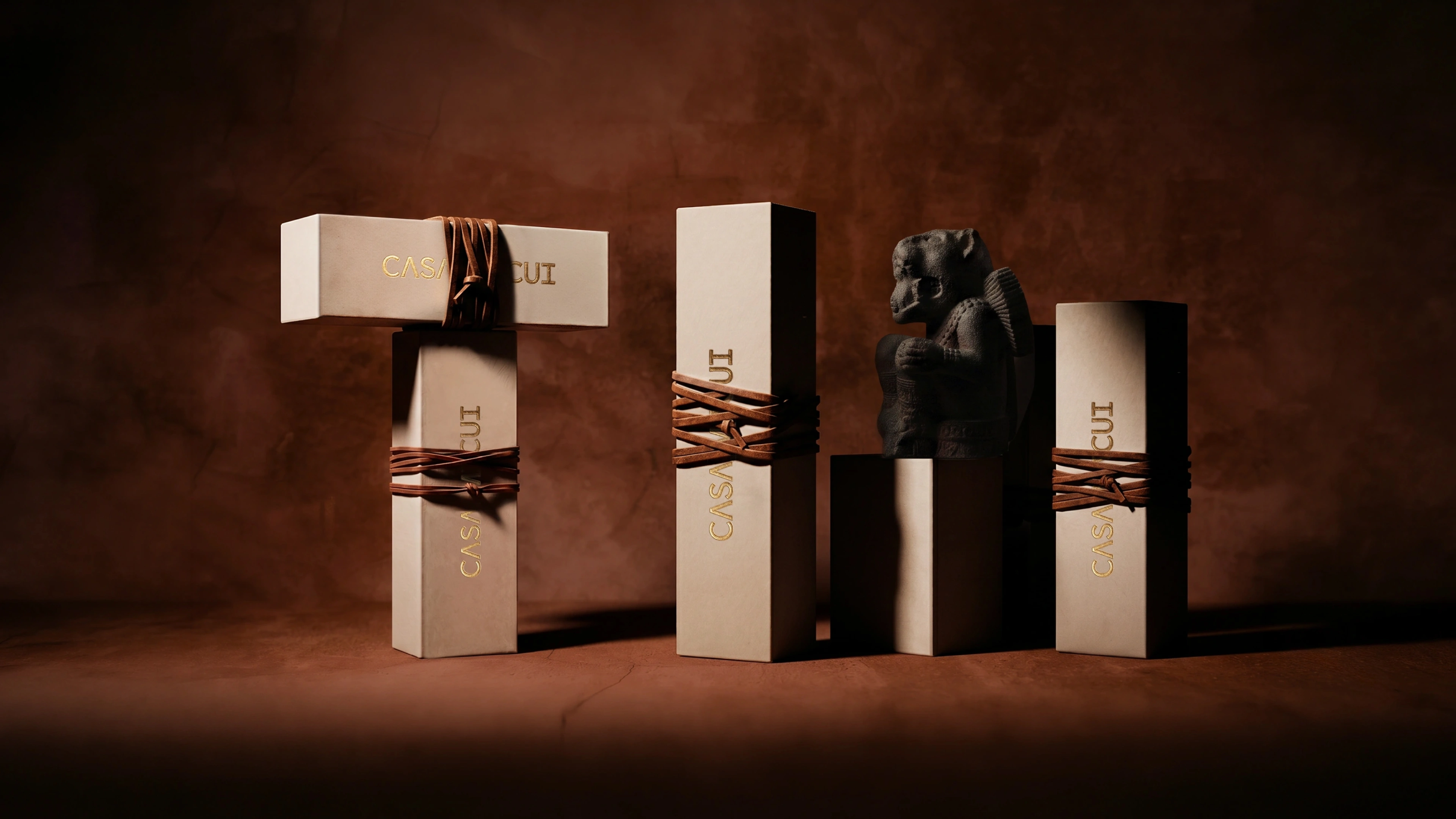 Cream-colored branded boxes wrapped in leather cord and a small statue on a terracota background.