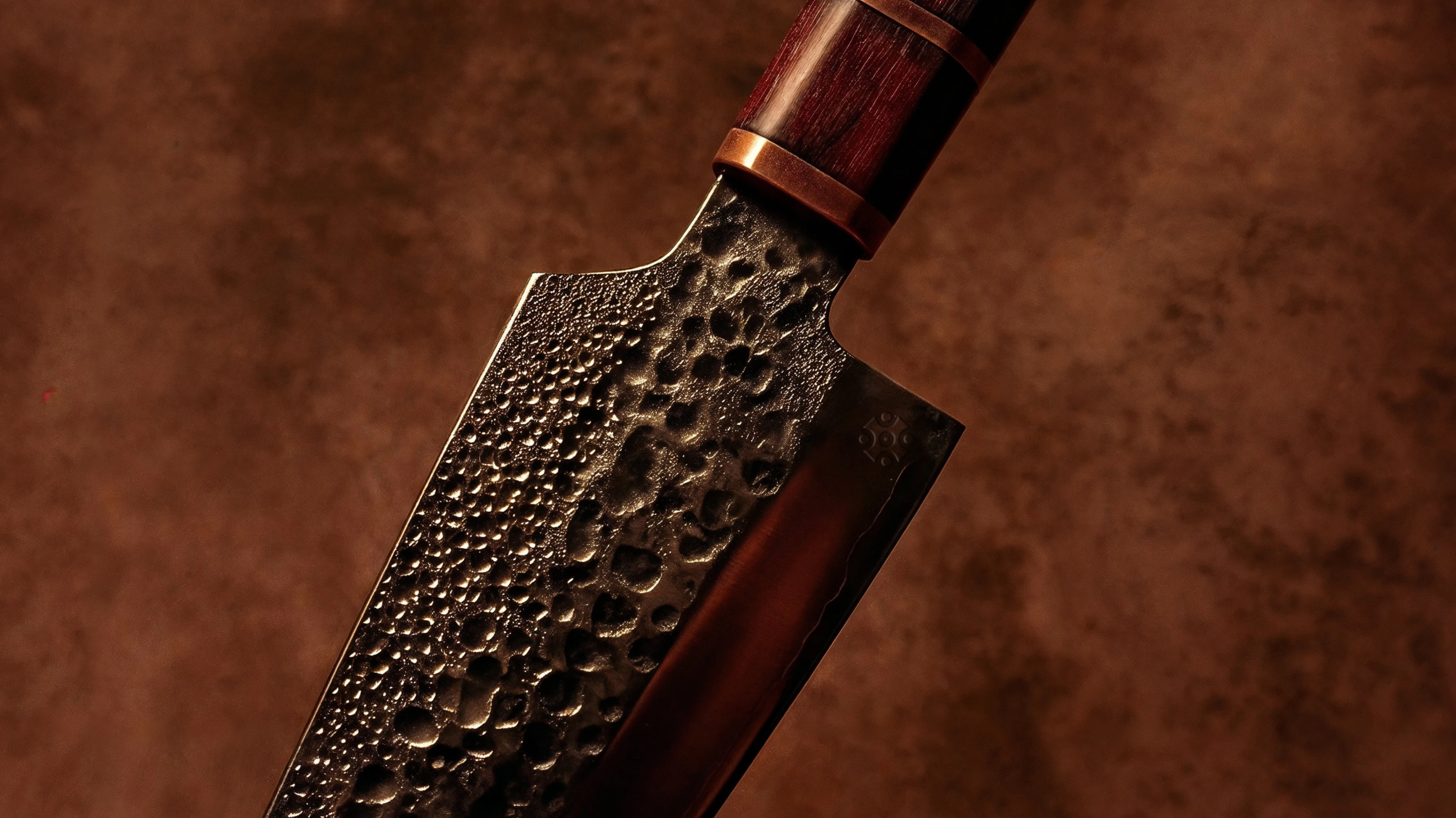Close-up of a handcrafted knife featuring a hammered dark metal blade and a polished wooden handle.