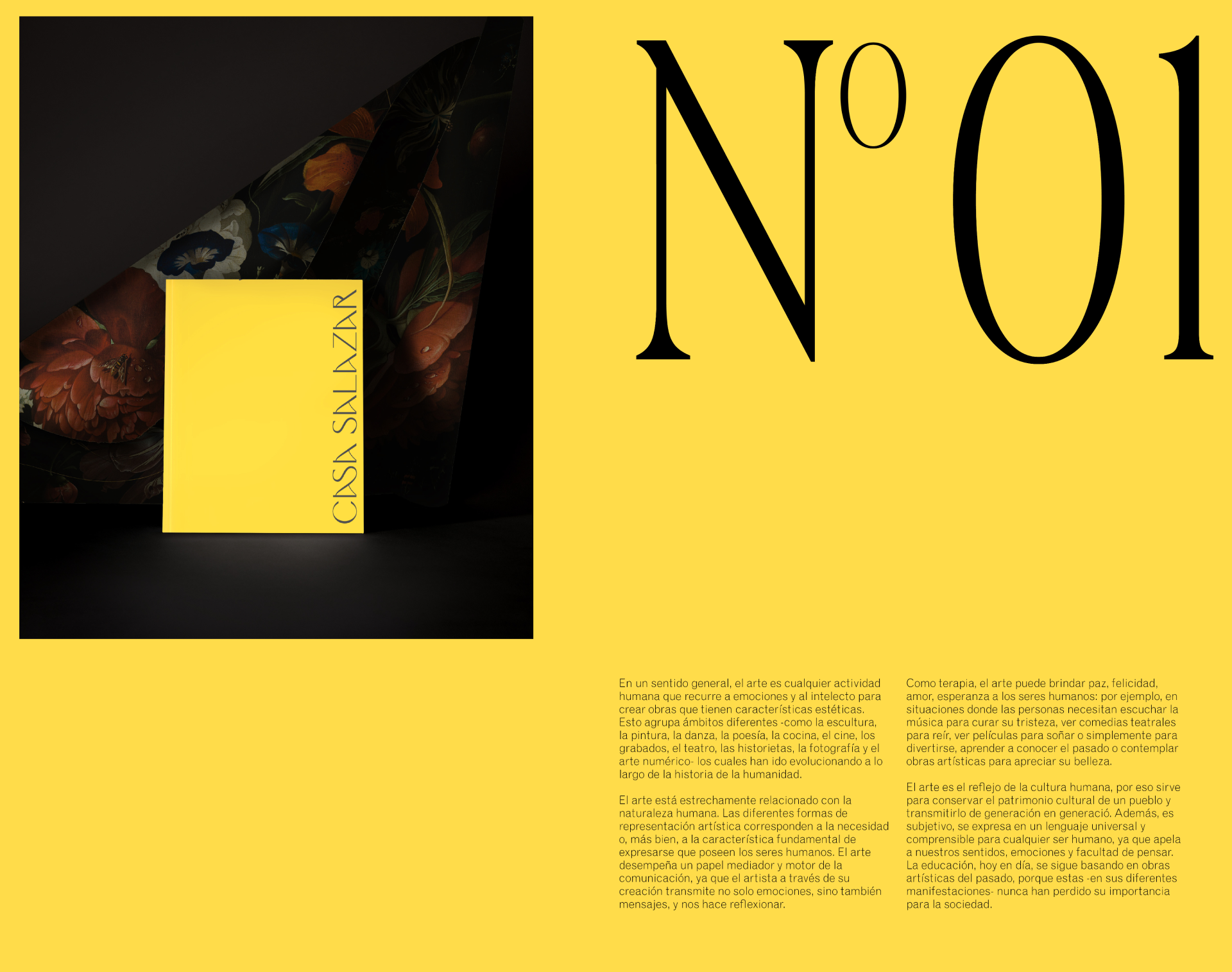 Graphic design posters for Casa Salazar art dealer featuring bold yellow backgrounds and contemporary artistic layouts
