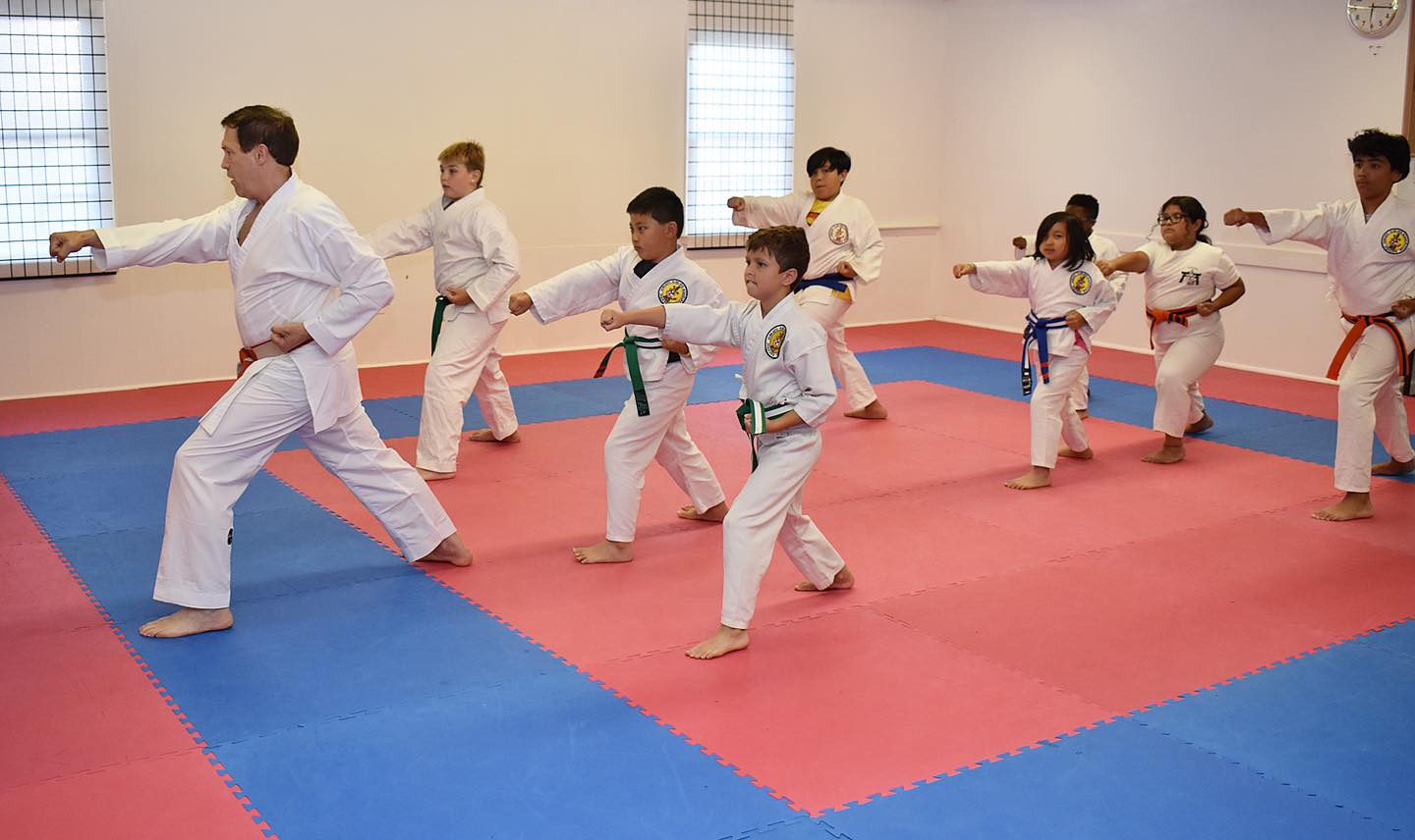Martial arts instructor leading a group of children practicing punches in a dojo with red and blue mats.