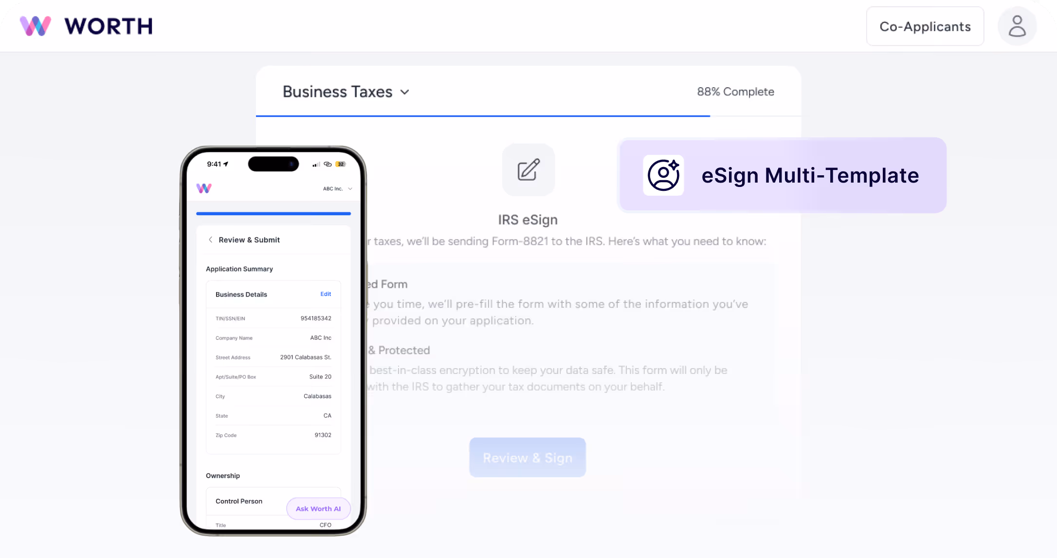 Digital interface showing Worth's eSign Multi-Template feature with a mobile screen displaying a business tax review and submit form for ABC Inc.