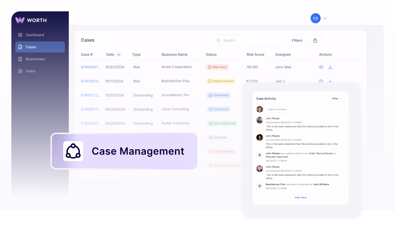 Dashboard interface showing case management with a list of cases including case number, date, type, business name, status, risk score, assignee, and actions, alongside a panel displaying recent case activity comments.