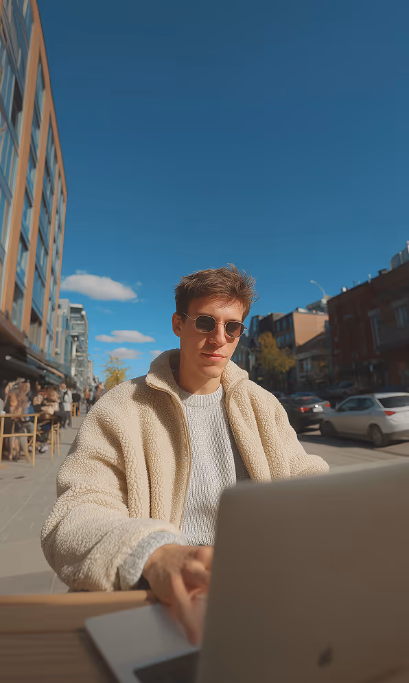 Young man wearing sunglasses and a beige fleece jacket using a laptop outdoors on a sunny day with buildings and cars in the background.