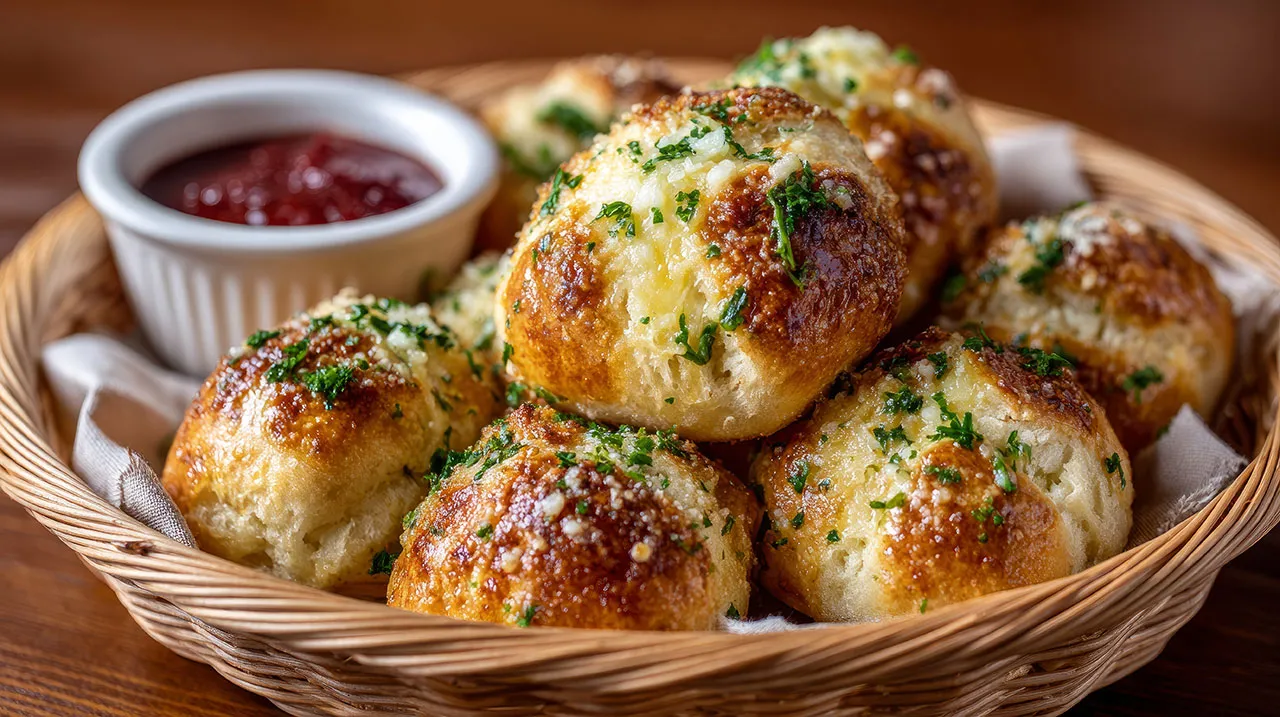 Basket of golden brown garlic bread knots garnished with parsley, with a small bowl of marinara sauce.