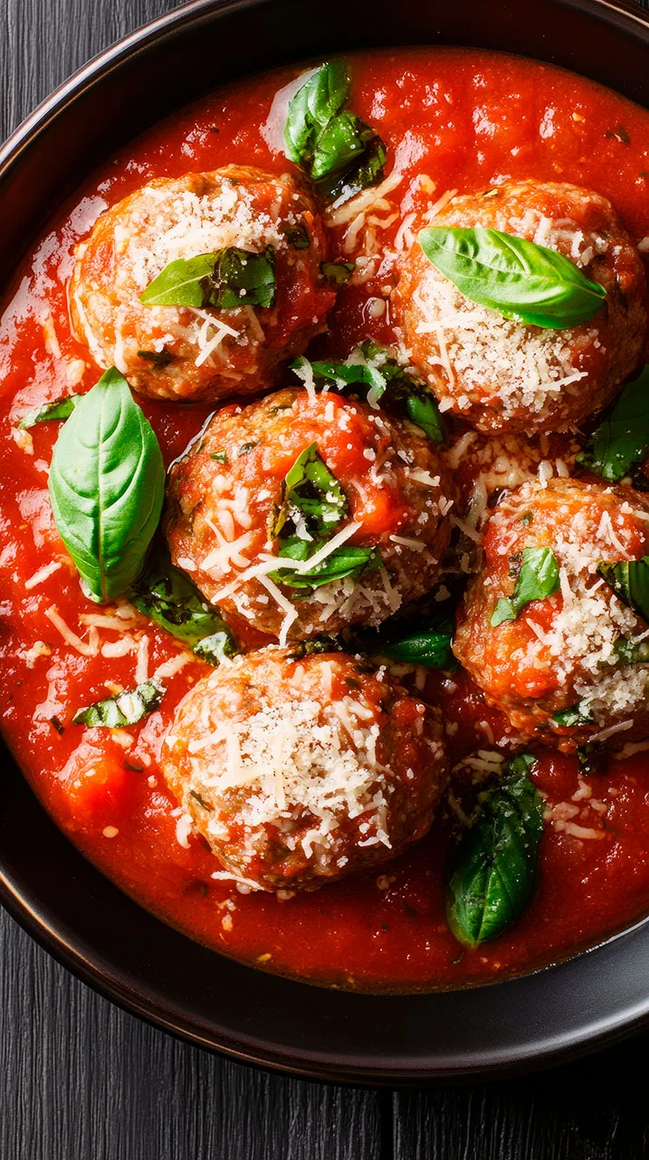 Five meatballs in marinara sauce topped with shredded cheese and fresh basil leaves in a black bowl.