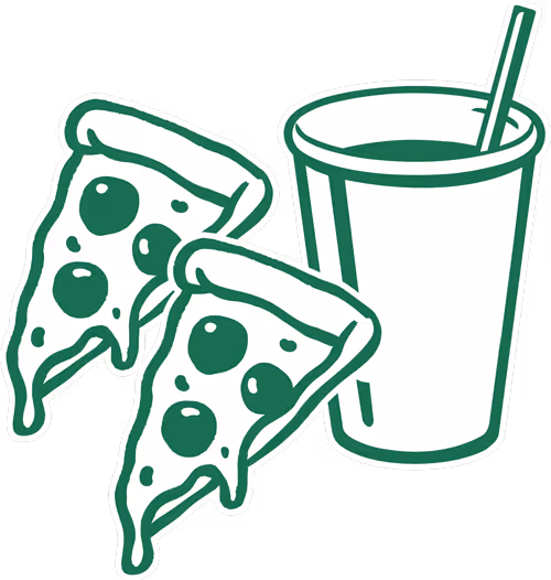 Illustration of two slices of pepperoni pizza with melted cheese next to a cup with a straw.