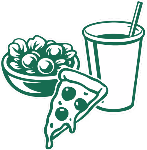 Illustration of a salad bowl, a slice of pepperoni pizza, and a cup with a straw.