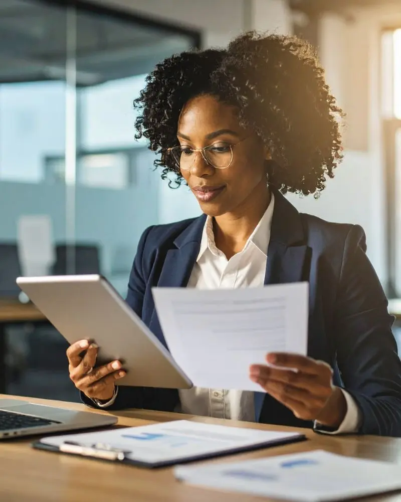 Consultante en ressources humaines analysant des dossiers de recrutement sur une tablette dans un bureau professionnel.