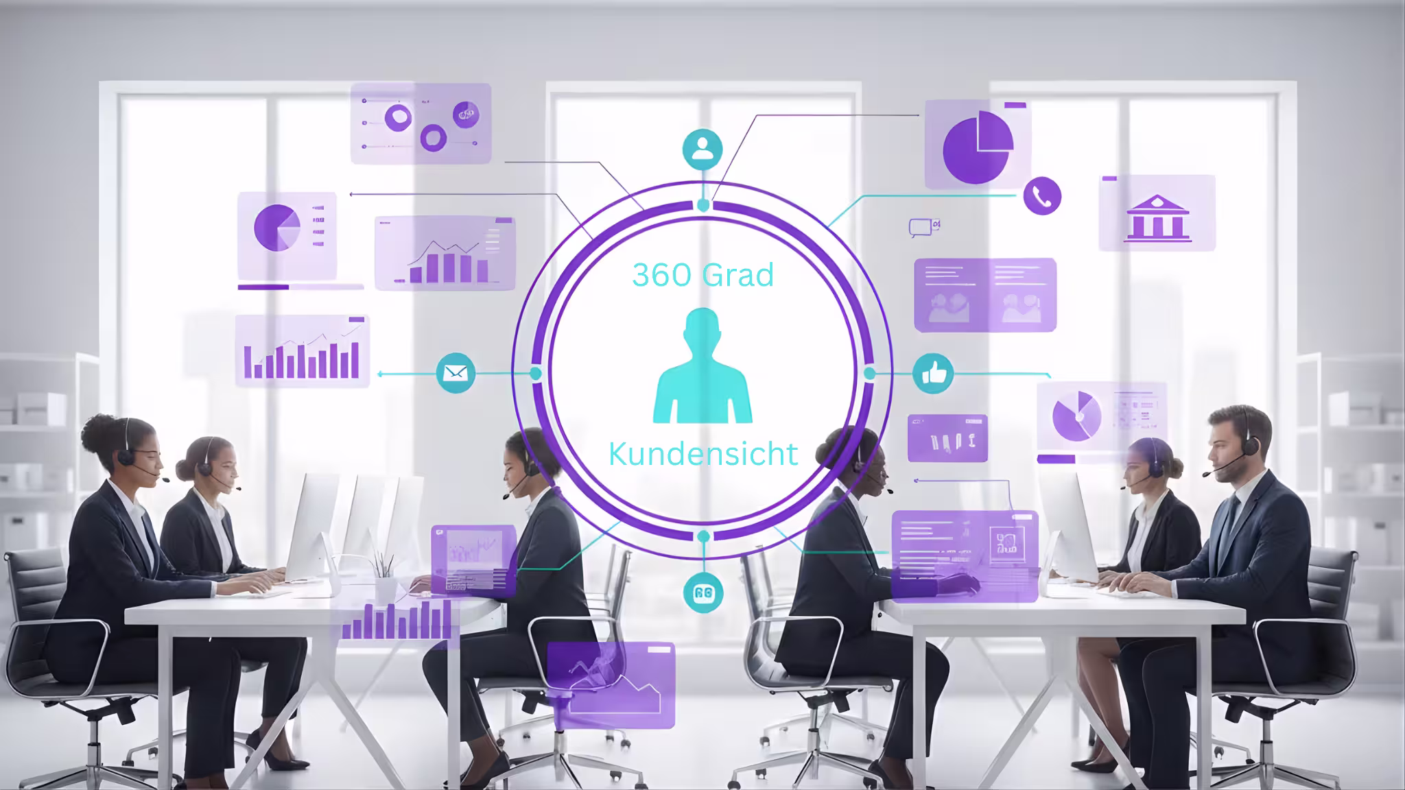 Darstellung eines Kundenservice-Centers inklusive von Service Agenten, die in einer integrierten 360 Grad Kundensicht arbeiten