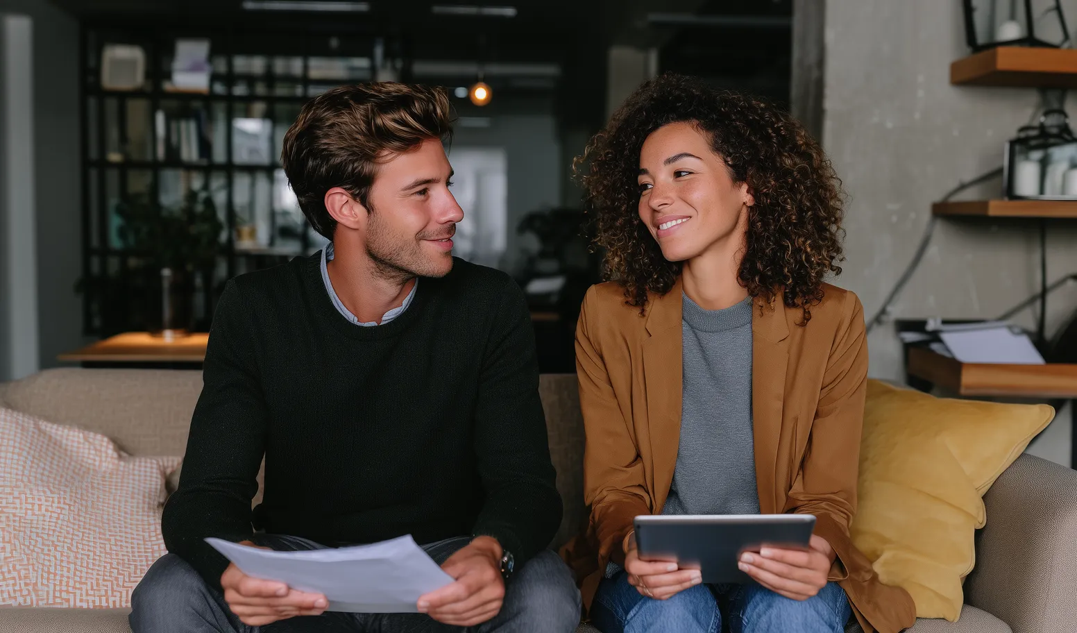 Man holding papers and woman holding a tablet sitting on a couch, smiling at each other indoors.