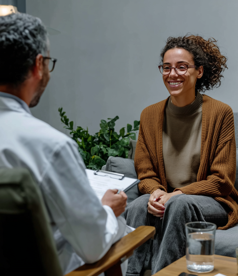 Smiling woman speaking with a doctor holding a clipboard in a consultation room.